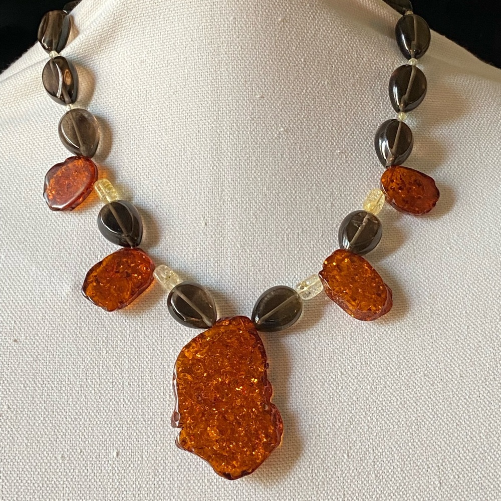 Vintage Sliced Amber Necklace 925 Clasp